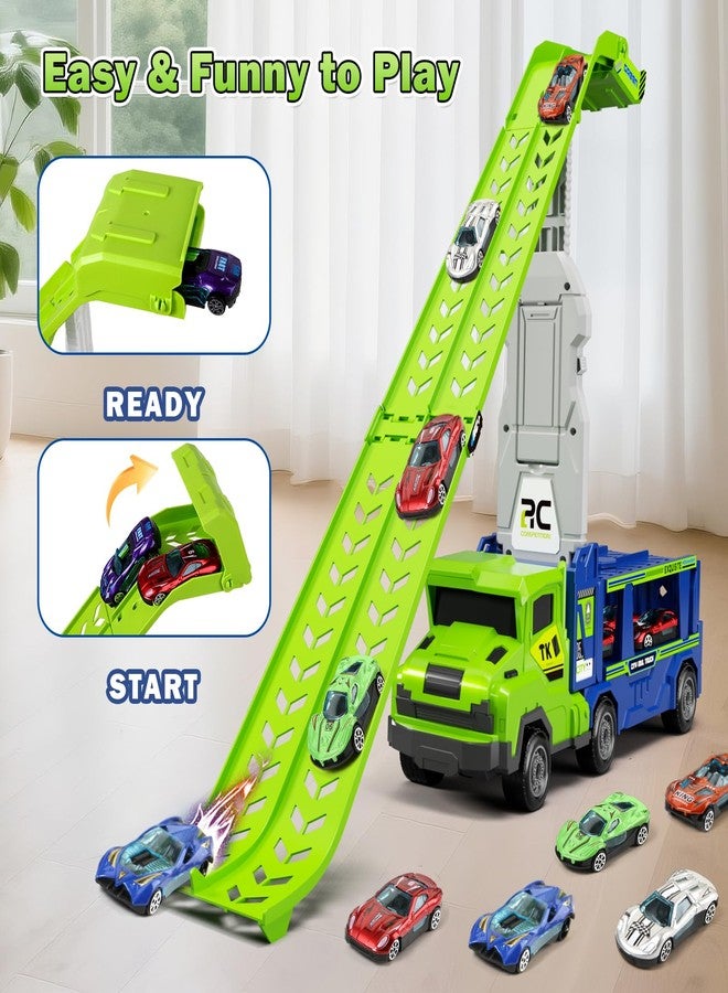 BainGesk Truck Car Toys for 3, 4, 5, 6 Years Old Boys Girls, 3 in 1 Carrier Truck with 2 Foldable Race Tracks, Transport Car with 6 Metal Cars, Birthday Toys Gifts for Toddlers - Image 4